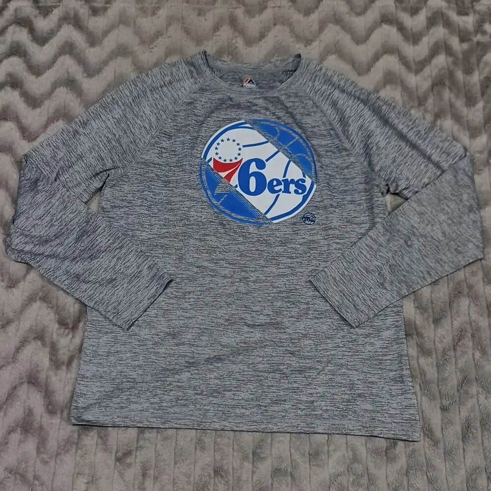 Majestic Mens Size L Gray Basketball Philadelphia 76ers Long Sleeve Shirt